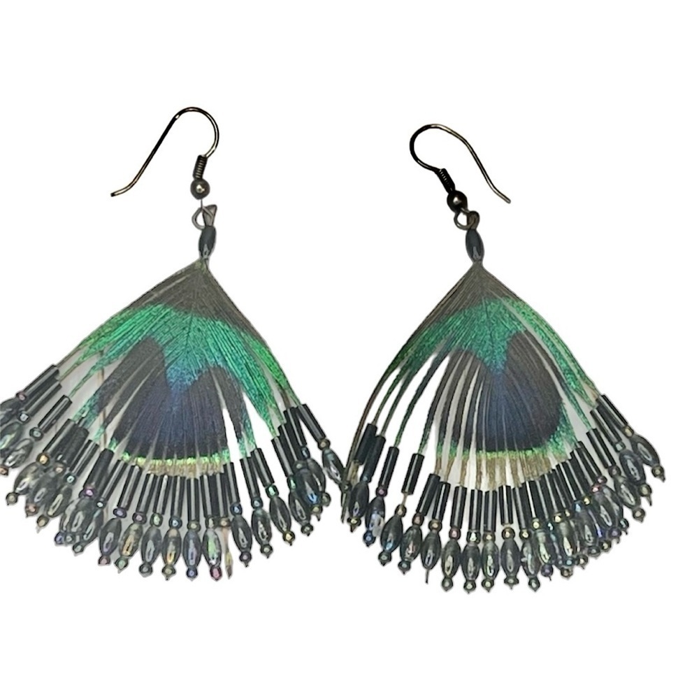 Genuine Peacock Feather Beaded Pierced Earrings Large Dangle